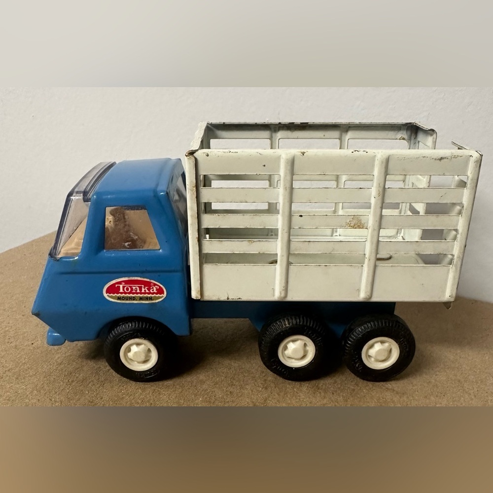 Vintage Tonka Mini Pressed Steel Blue & White Stake Truck Tilt Box Dump Truck